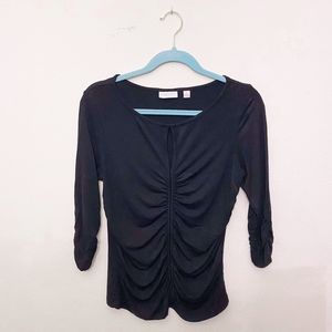 New York & Company 3/4 Long-Sleeved Keyhole Top with Ruching Black Size M